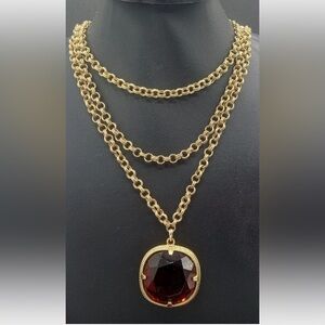 VTG Gold Tone 3 Strand 20.5” Necklace with Red Glass L 1 3/4” & W 11/4 Pendant